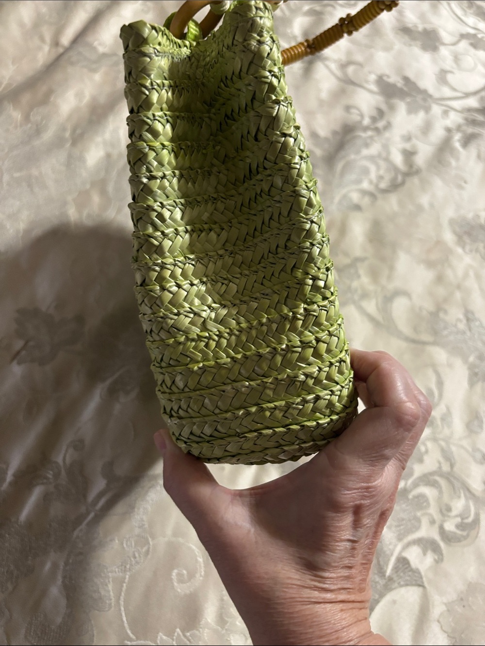 Green Woven Straw Tote with Bamboo-Style Handles - Picture 4 of 10